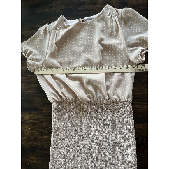 HYFVE HYFVE HYFVE Peach/Tan Polka Dot Bodycon Spring Dress Ruched Size Large - Picture 12 of 13